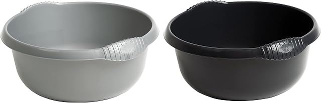(Set of 2) Round 32 CM Multipurpose Plastic Bowl Washing Up Bowl Mixing Bowl 7L Washing Basin Bowl Sink Tidy Organiser Wash Tub Space Saving For Home Kitchen Outdoor Camping (Silver + Midnight Grey)