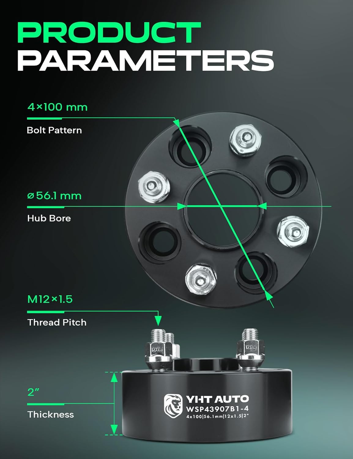 YHTAUTO 4x100mm Hub Centric Wheel Spacers 2" Compatible with Honda, Acura, Kia, Mini & Mitsubishi Models, Integra, CRX, Tire Spacers, w/ M12x1.5 & 12.9 Grade Studs, 56.1mm Hub Bore, Set of 4