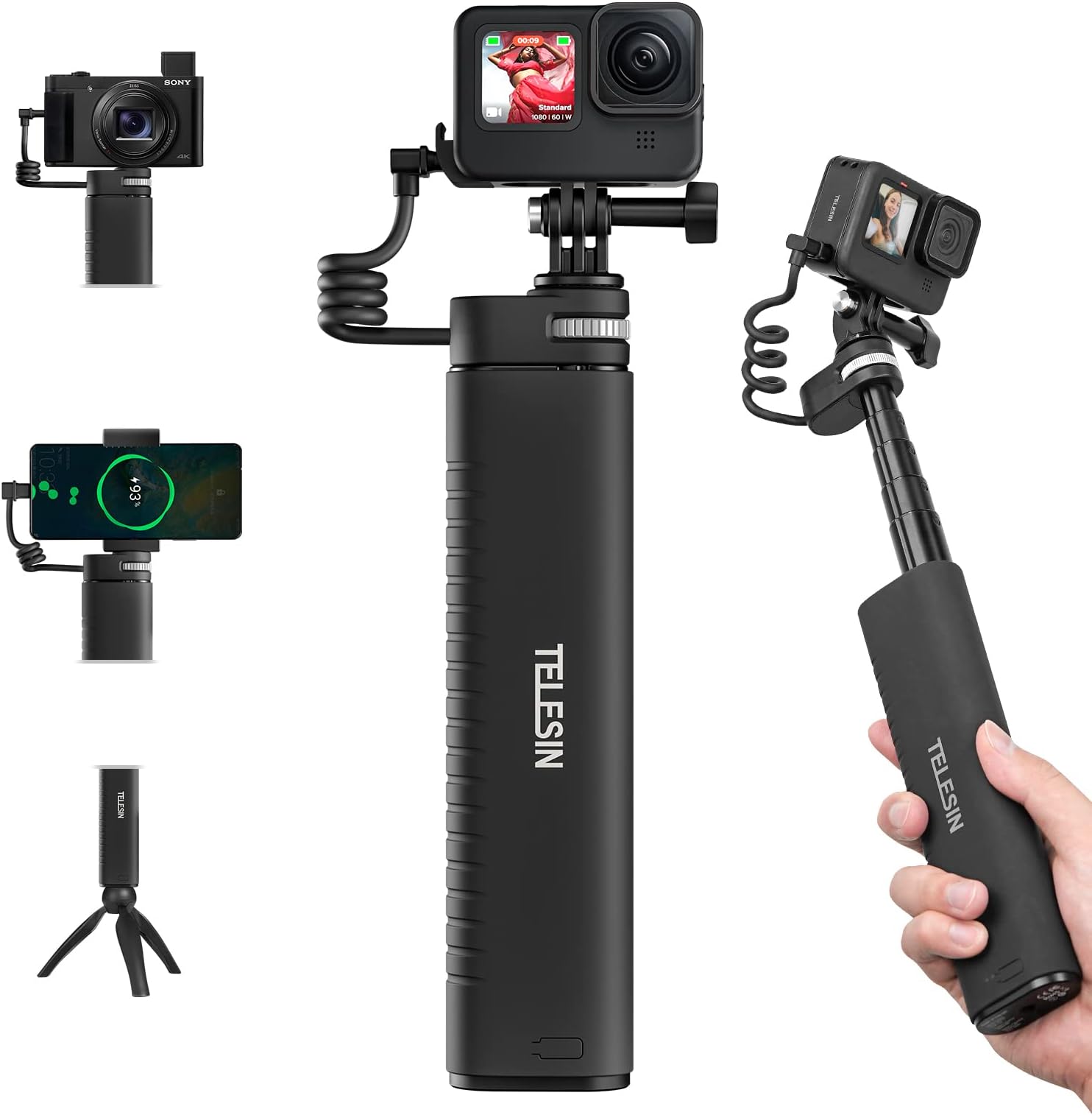 TELESIN Power Grip 35.4"/90cm Extension Selfie Stick Handler Compatible for Go Pro 12 11 10 9 Insta360 DJI Action Canon Sony iPhone Android Water-Proof Large Capacity Battery Charger Weight 400g