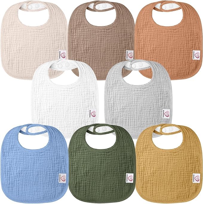 Image of Bearmoss Muslin Baby Drooling Bibs 8 Pack, 100% Cotton Square Adjustable Bandana Bibs Gift for Baby Girls Boys Teething Drool