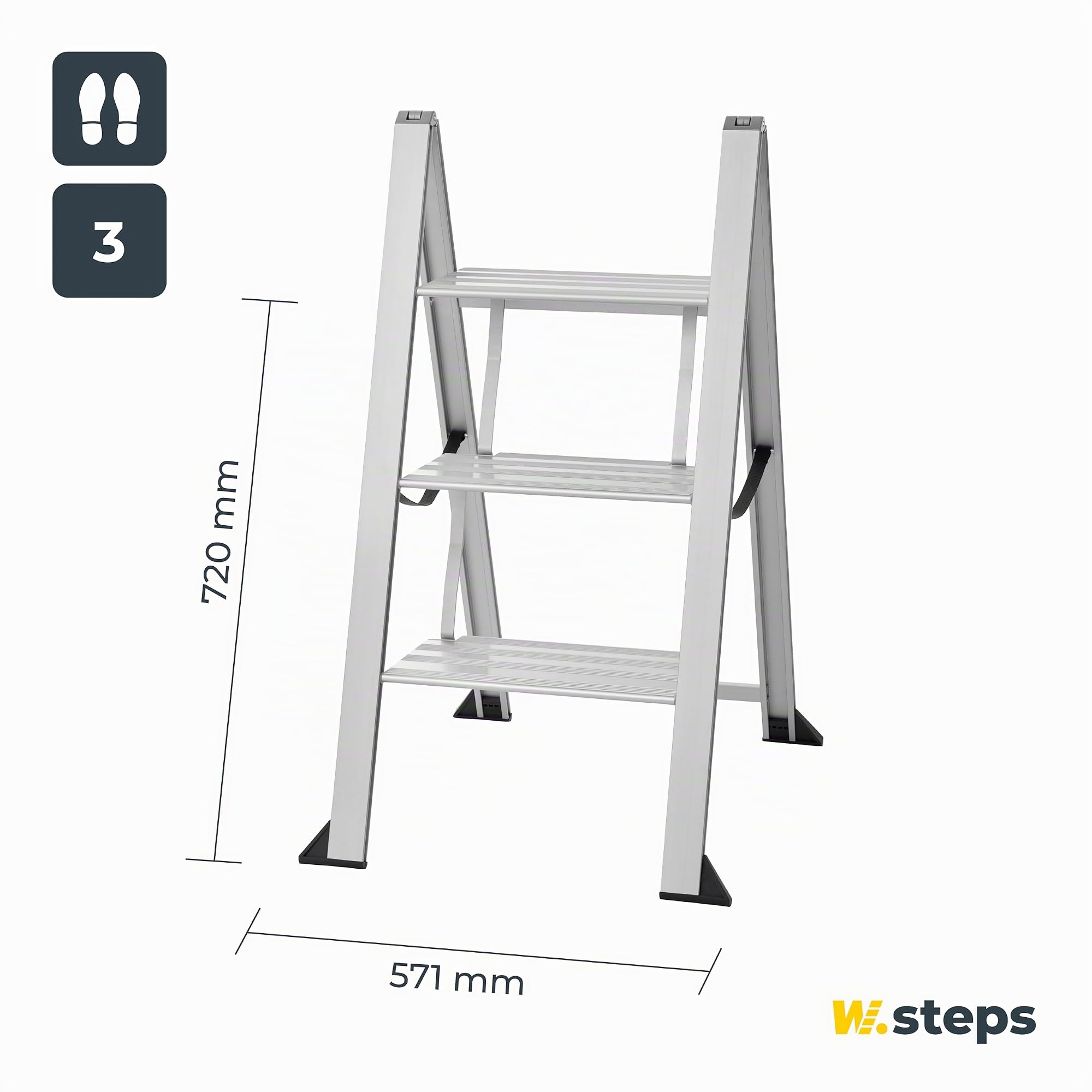 Alu Trittleiter Vikingstep Maxi von W.Steps I 720mm hoch I Belastbar bis 150kg I Kompakte Aluminium Klapptrittleiter mit 2 Stufen I Nur 35mm breit I 728143