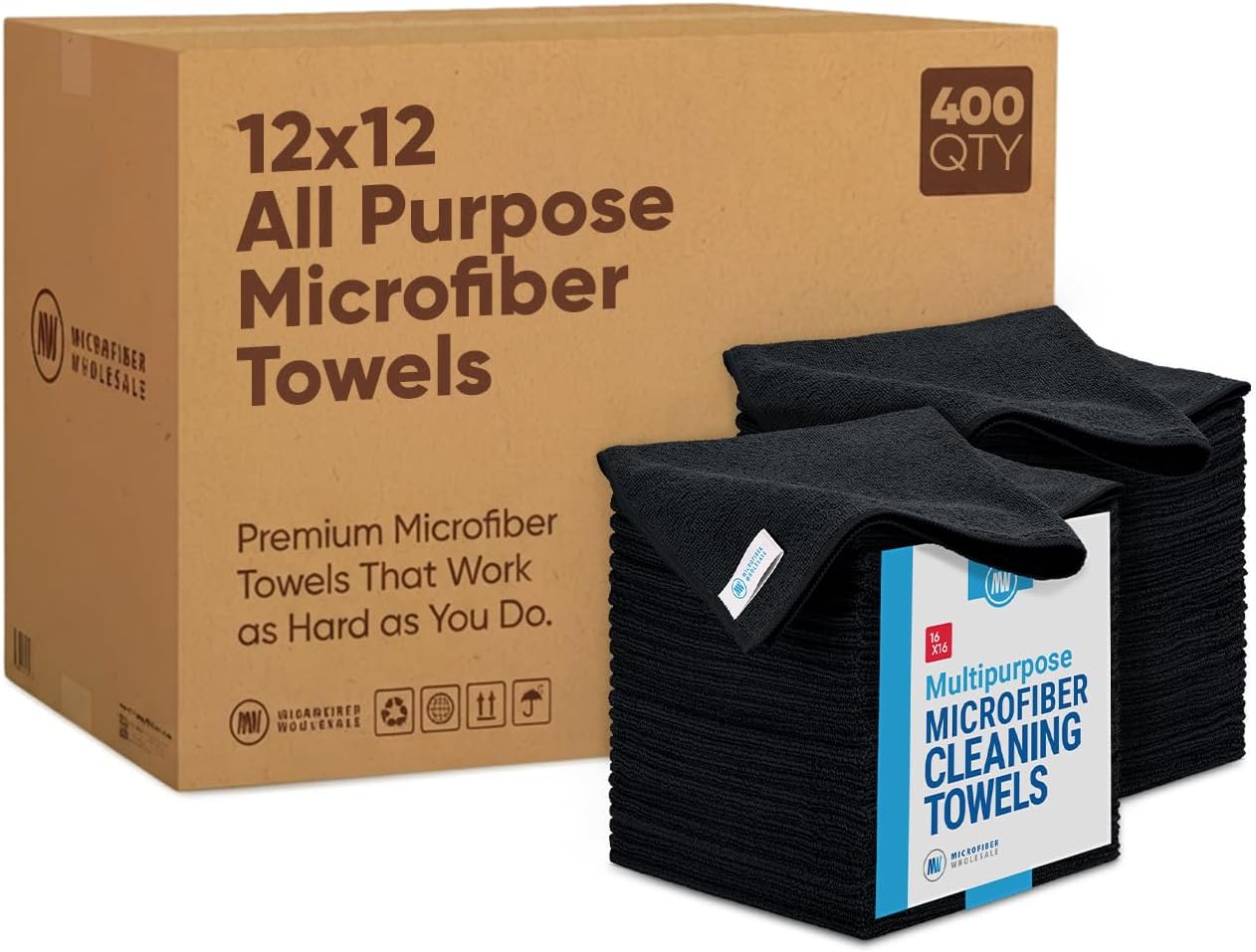 - Bulk 16" x 16" All Purpose Microfiber Towels Wholesale - Case Quantity (200 Count) | Large | No Fraying | High Density Microfiber | Zero Chemical Cleaner | Long-Lasting (Black)
