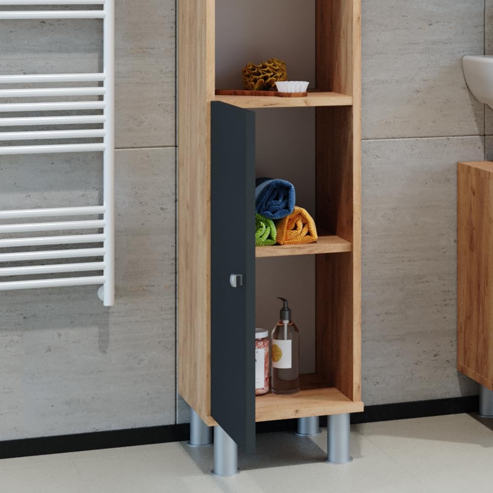 Meuble Salle De Bain J-Shape Vicco 30x190cm - Anthracite/Chêne - Rangement Haut Étagères