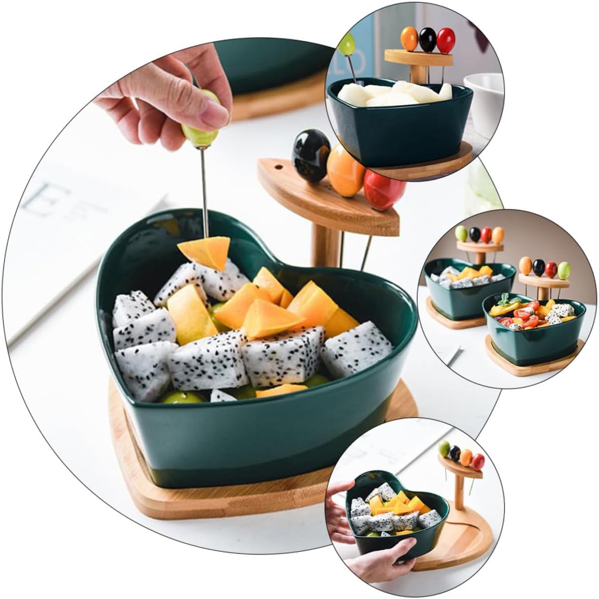 Ceramic Salad Bowl with Fork Set, Heart-shaped Porcelain Fruit Dessert Bowl, Green Tableware for Household Dining and Snack Serving
