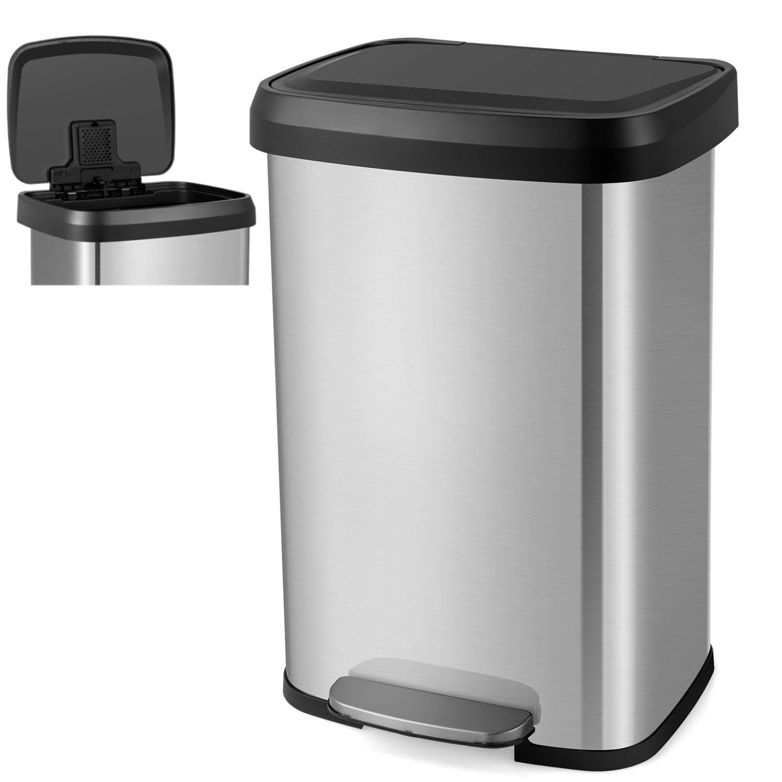 COSTWAY 50L/68L Kitchen Bin, Soft Closure Stainless Steel Recycling Pedal Bin with Deodorizer Box, Handle and Non-slip Base, Fingerprint-Proof Rubbish Trash Can Dustbin (50L,Silver) — image 1