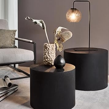 Nesting Coffee Table Set of 2, Small Round Side Table Black Circle Wood End Table for Small Spaces Living Room Bedroom Balcony Office