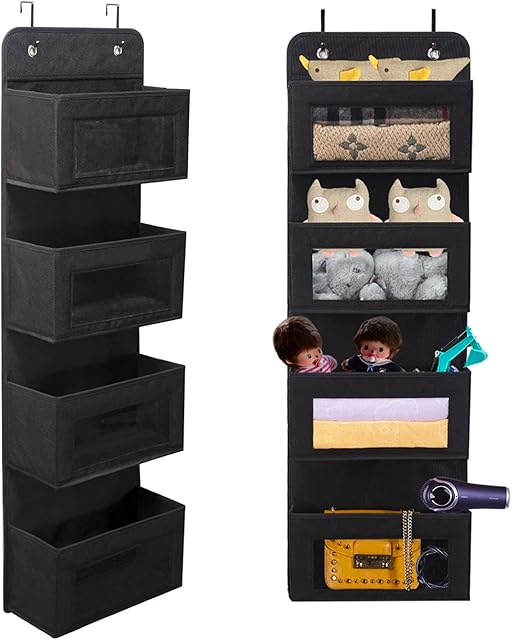 BrilliantJo Over Door Storage Organiser, Soft Fabric Hanging Storage Organizer with Clear Window for Pantry Baby Nursery Bathroom Closet Dorm Room 4 Pockets, Black