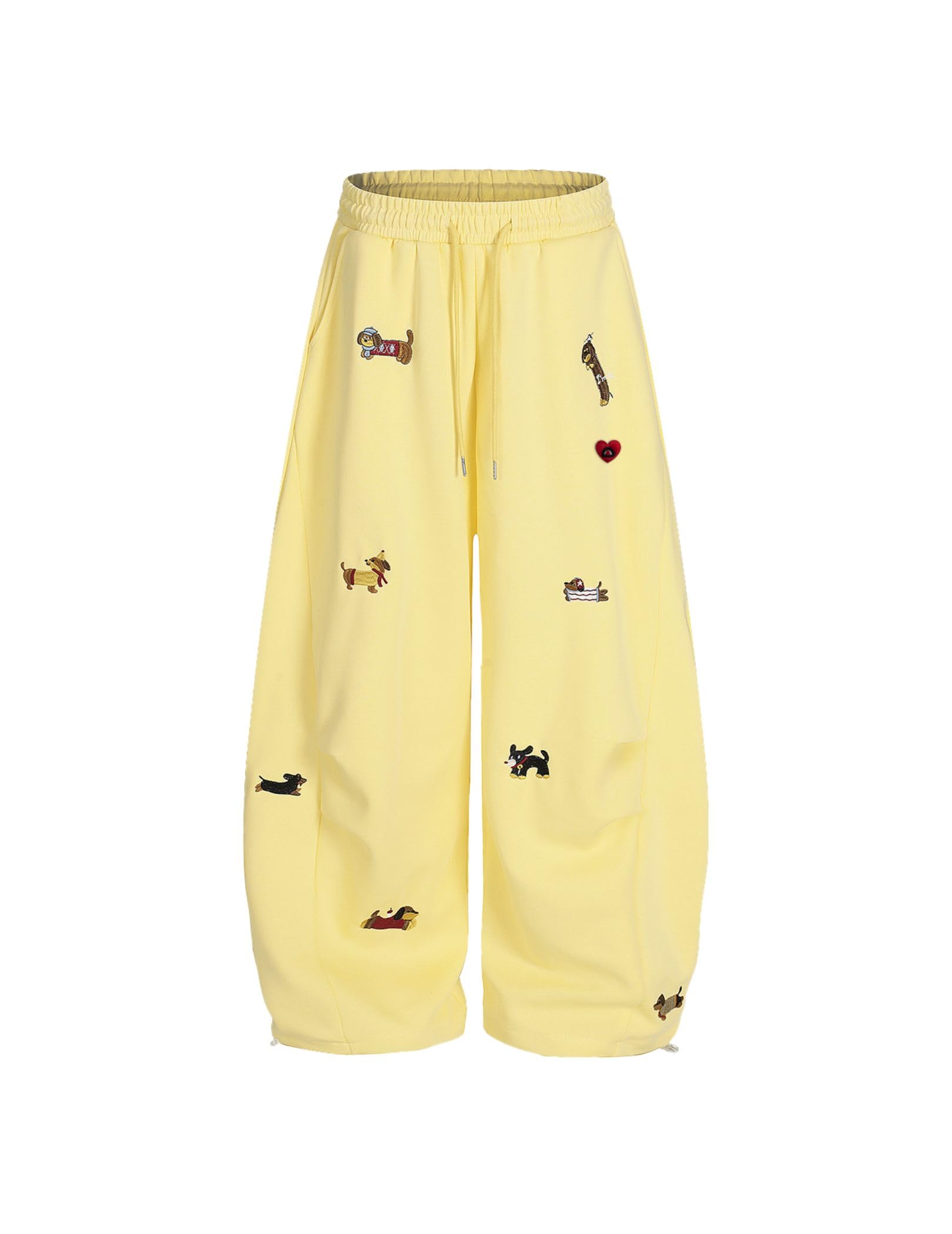 Photo 1 of Aelfric Eden Embroidery Puppy Baggy Barrel Sweatpants Casual Y2K Elastic Drawstring Unisex Wide Leg Pants Lantern Trouser Yellow L