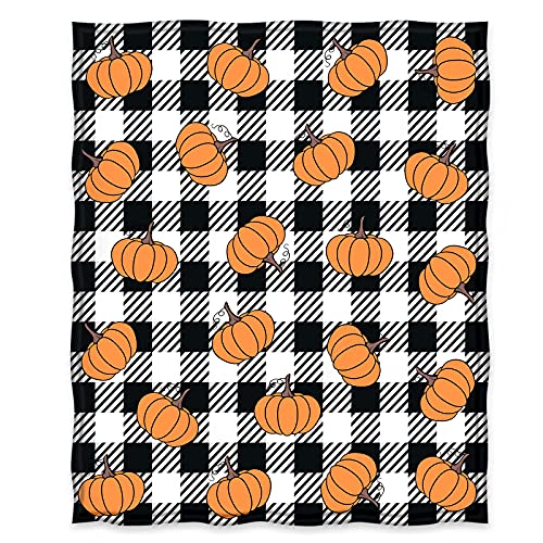 Jekeno Pumpkin Blanket Buffalo Plaid Gifts for Women Kids Girls Men Home Bedroom Living Room Decor Soft Cozy Fall Harvest Thanksgiving Halloween Throw Blanket Black and White Check 50"x60"