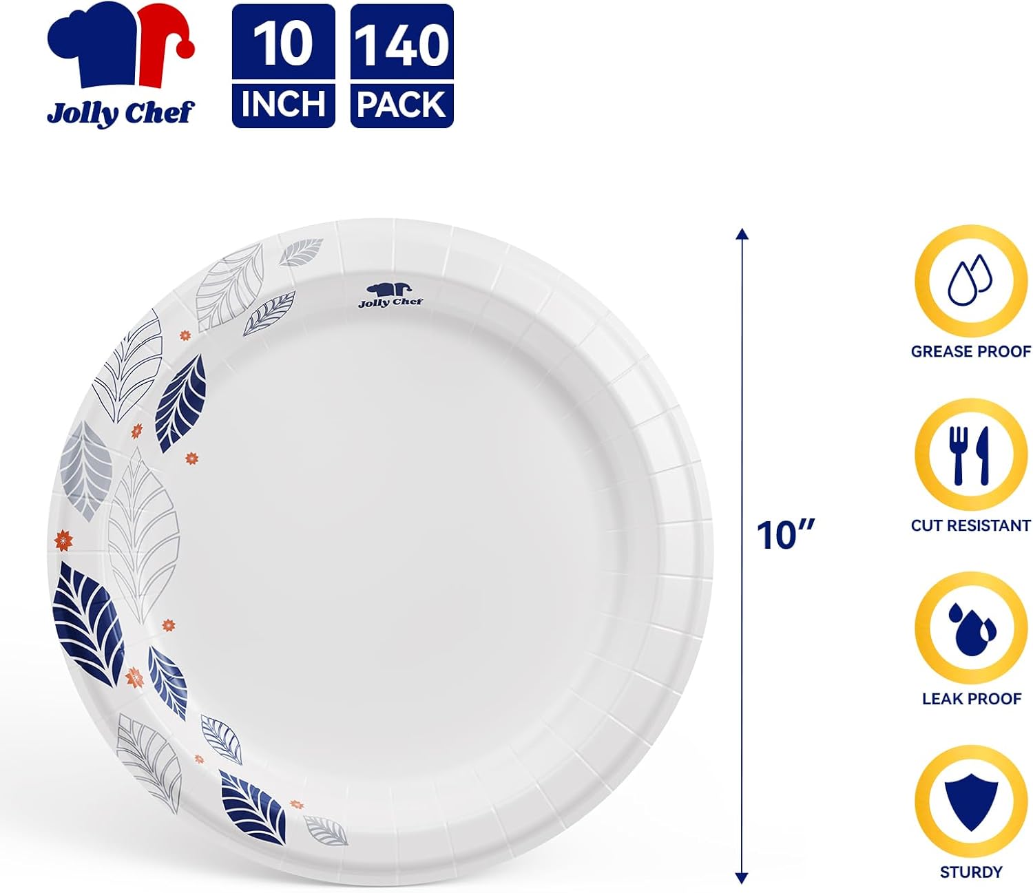JOLLY CHEF 140 Count Paper Plates 10 inch Soak Proof, Cut Proof, Heavy Duty Leaf Printed Disposable Paper Plates for Everyday Use