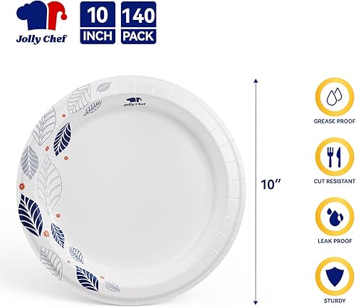 Miniatura 2 de JOLLY CHEF 140 platos de papel de 10 pulgadas, a prueba de remojo, a prueba de cortes, platos de papel desechables impresos de hojas resistentes