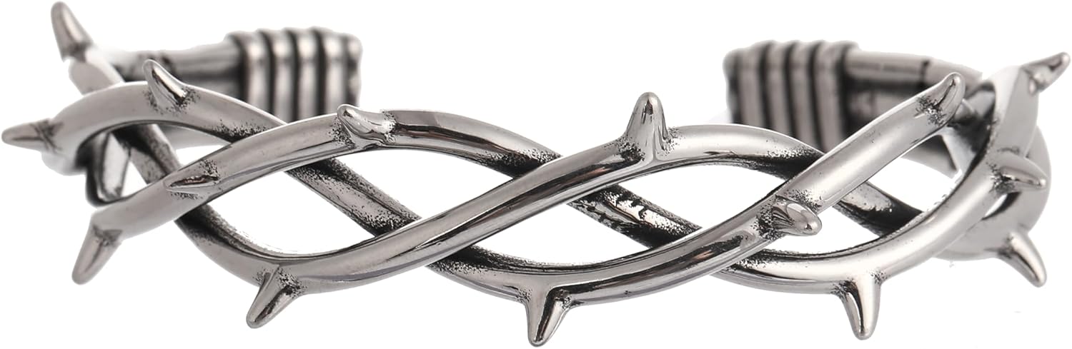 TURTLEDOVE Gothic Thorn Cuff Bracelet, Punk Barbed Wire Bangle, Stainless Steel Twisted Jewelry