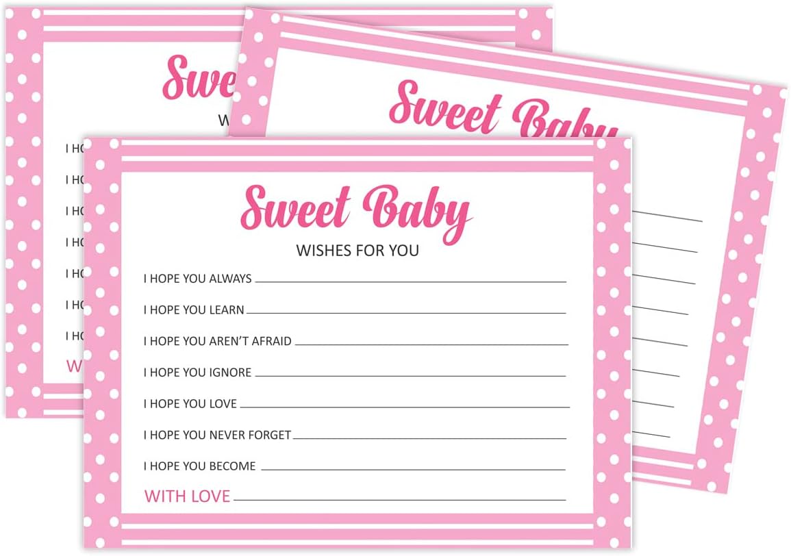 Wishes For Baby Cards For Baby Shower - Girl Baby Shower Party Collection, Polka Dot & Bow Theme, Wishes For The Baby Cards, Activities Party Supplies - Pack Of 50