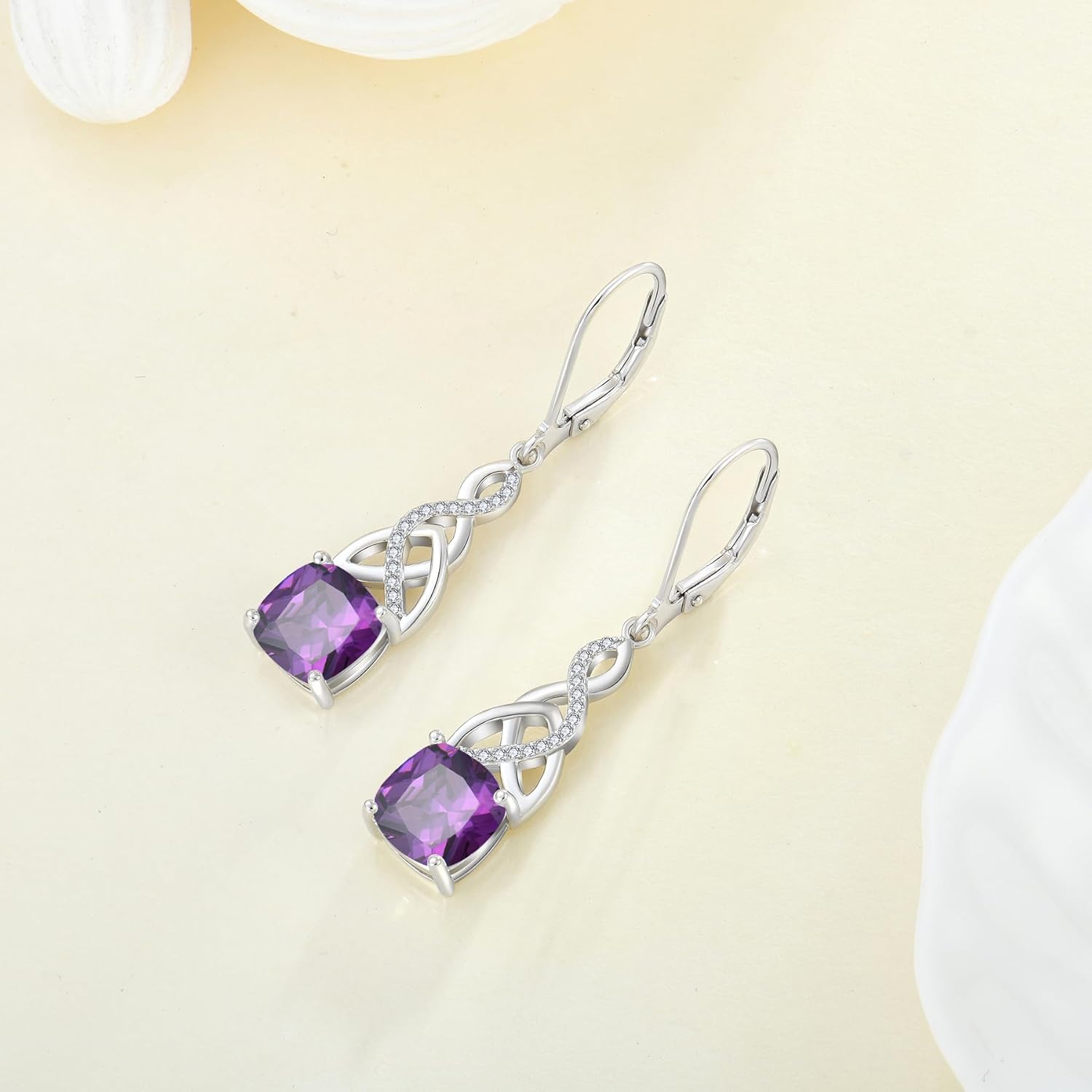 Infinity Celtic Knot Earrings for Women 925 Sterling Silver Princess Cut Birthstone Dangle Drop Leverback Earrings Irish Jewelry for Her