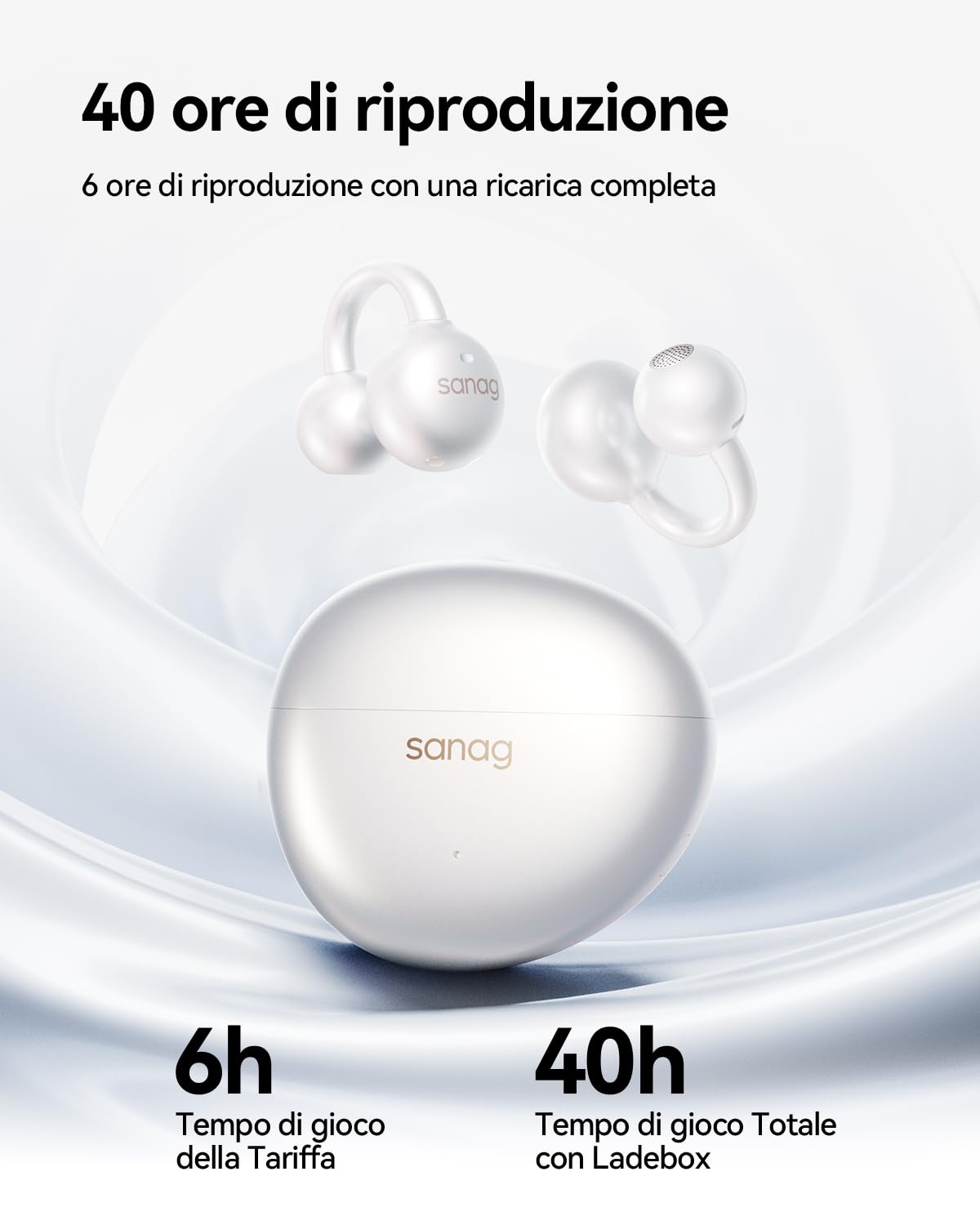 SANAG Cuffie Open Ear Bluetooth 6.0, Auricolari Clip-on Senza Fili con Audio Dyna HiFi, Anti-Perdita di Suono, AI ENC, IP67 Impermeabile, Batteria 40H, Controllo App per Sport Corsa