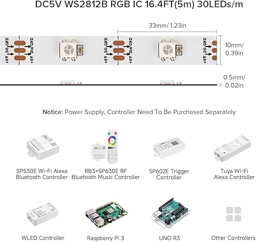 Miniatura 3 de BTF-LIGHTING -Tira LED WS2812B RGB 5050SMD, direccionable individual, 16.4 pies, 30 píxelesm, 150 píxeles, PCB blanco flexible, LED a todo color