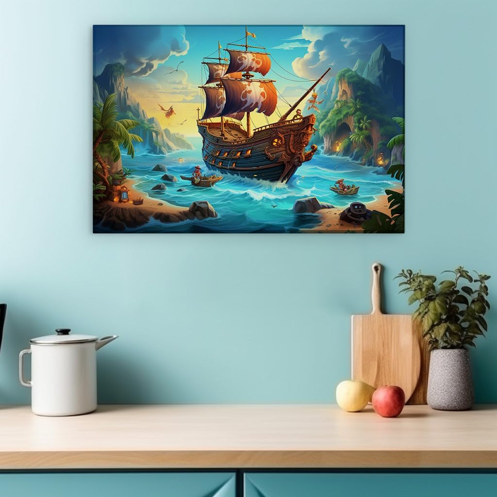 Canvas for Living room. Sailing into Adventure: A Vivid Illustration of Piracy on the High Seas, 27 x 18 inch Canvas Wall Art - Modern Home Decor - 69x46 cm (27x18 inch)