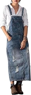 Women's Adjustable Strap Distressed Denim Overall Dress A-Line Pinafore Jean Dress with Split - Buy now