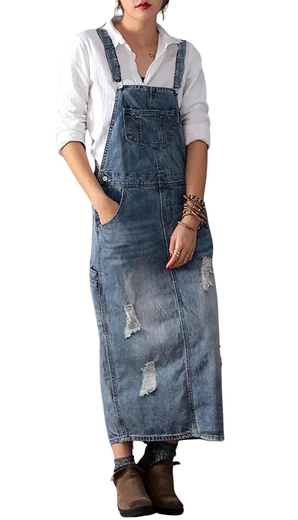 chouyatou Women's Adjustable Strap Distressed Denim Overall Dress A-Line Pinafore Jean Dress with Split