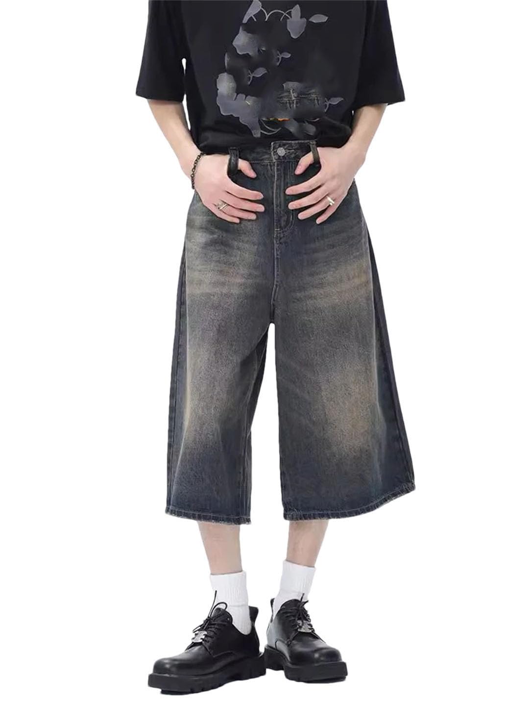 Damskie spodenki na co dzień Harajuku Vintage Zamek Luźne Szerokie Nogawki Punk Baggy Mid Long Denim Szorty, Niebieski retro, XXL