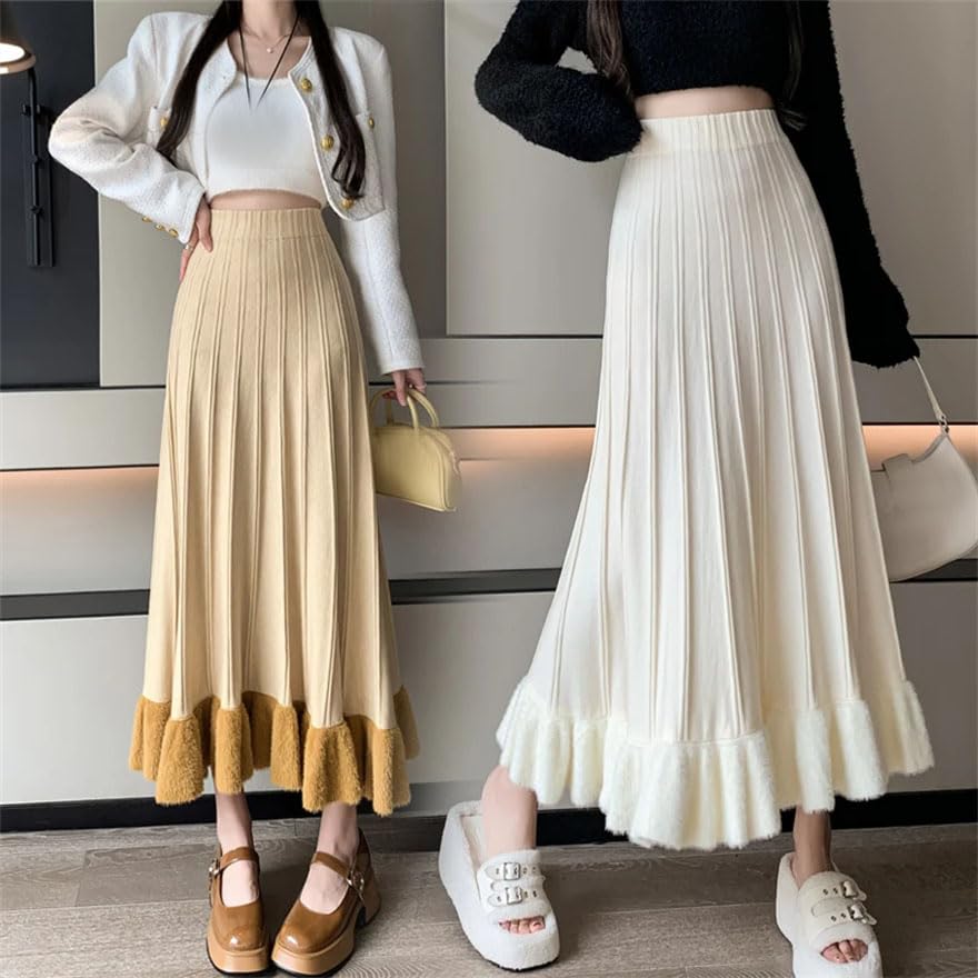 Women Patchwork Ruffle Edge Knit Long Skirts Fall Winter Vintage High Waist Party A-Line Pleated Skirt3