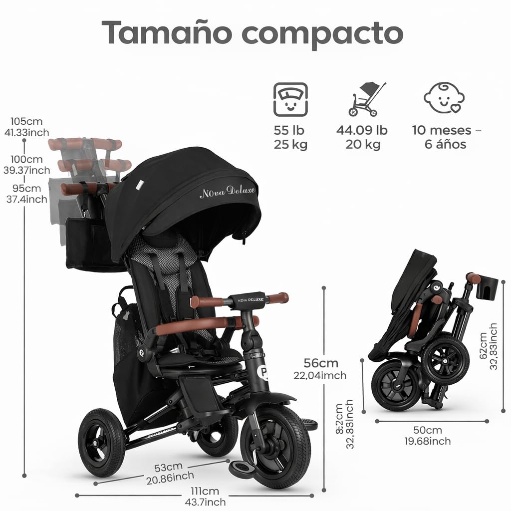 QPlay Carrito Evolutivo Nova Deluxe, con Asiento Giratorio, Plegado Compacto, Capota Ajustable, Cuero Hecho a Mano, Reposapiés y Frenos - Para Niños de 10 a 36 Meses (Negro)