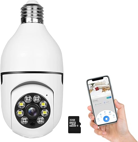 Cámara 360, bombilla Full HD 1080P, cámara WiFi de 2.4 GHz con tarjeta SD de 32 G, visión nocturna, detección de movimiento, cámaras de seguridad