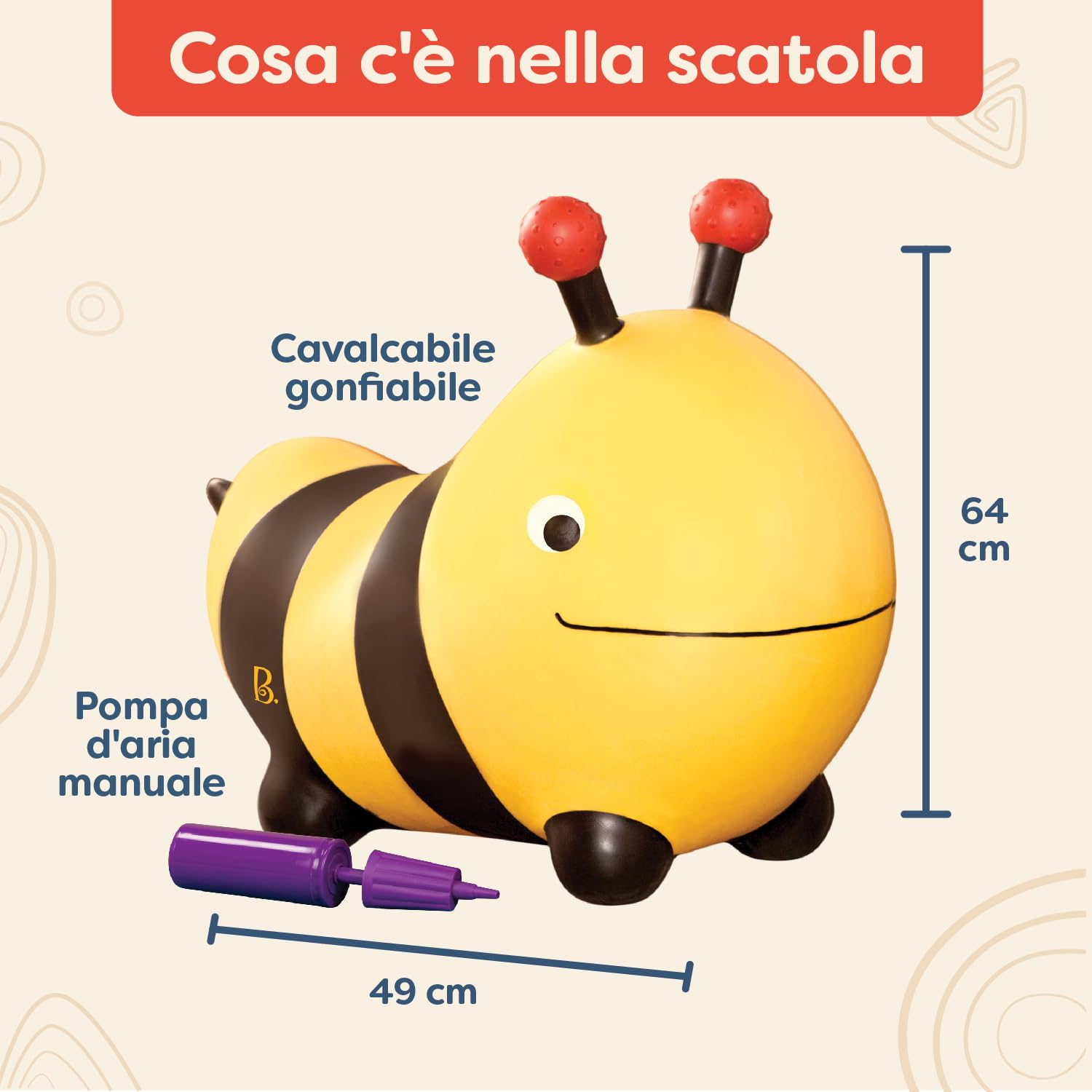 B. toys - Bouncy Boing! - Bizzi - Sdraietta ape cavalcabile - Giocattolo gonfiabile per animali - Salterello gonfiabile per bambini, ragazzi e bambini - Saltare e rimbalzare - Pompa dell'aria inclusa