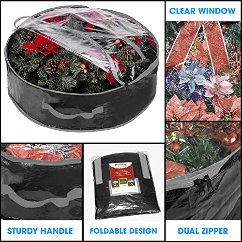 ProPik Wreath Storage Bag 24", Garland Holiday Container with Clear Window Tear Resistant Material for Holiday Easy Storage with Clear Window Featuring Heavy Duty Handles 24" X 24" X 8" (Black)