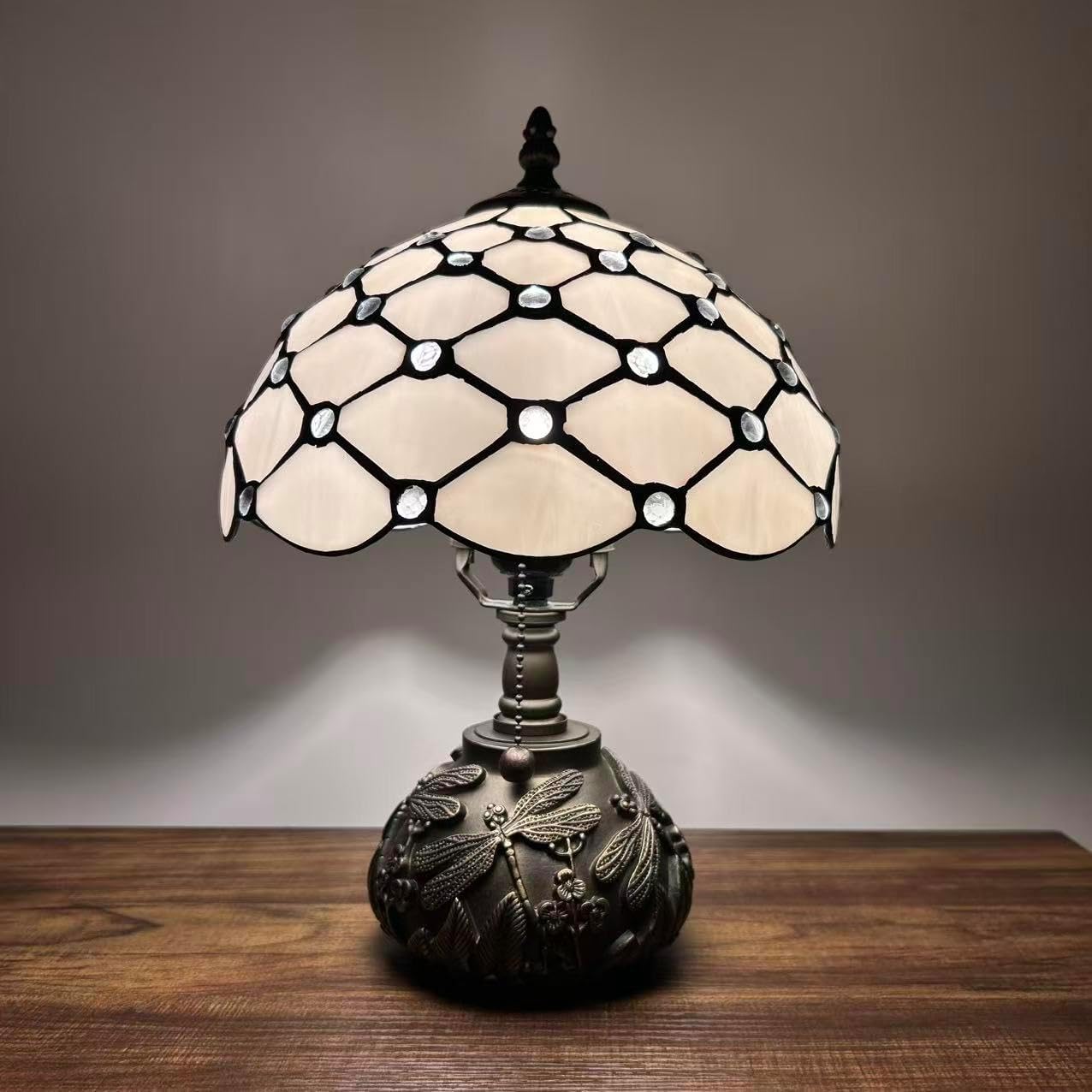 Tiffany Table Lamp White Stained Glass Crystal Beans LED Bulb Included Dragonfly Base for Living Room Bedroom Bedside 10" W*10" D*14" H
