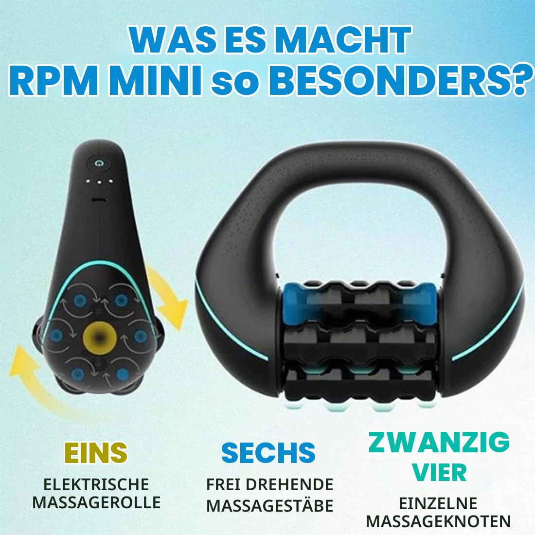 Elektrisches Handmassagegerät mit Rollen, Massageroller Elektrisch für Tiefengewebsmassage, Kabelloses Massagegerät Nacken Schulter und Beine, Faszienrolle Elektrisch zur Muskelentspannung (Upgrade)