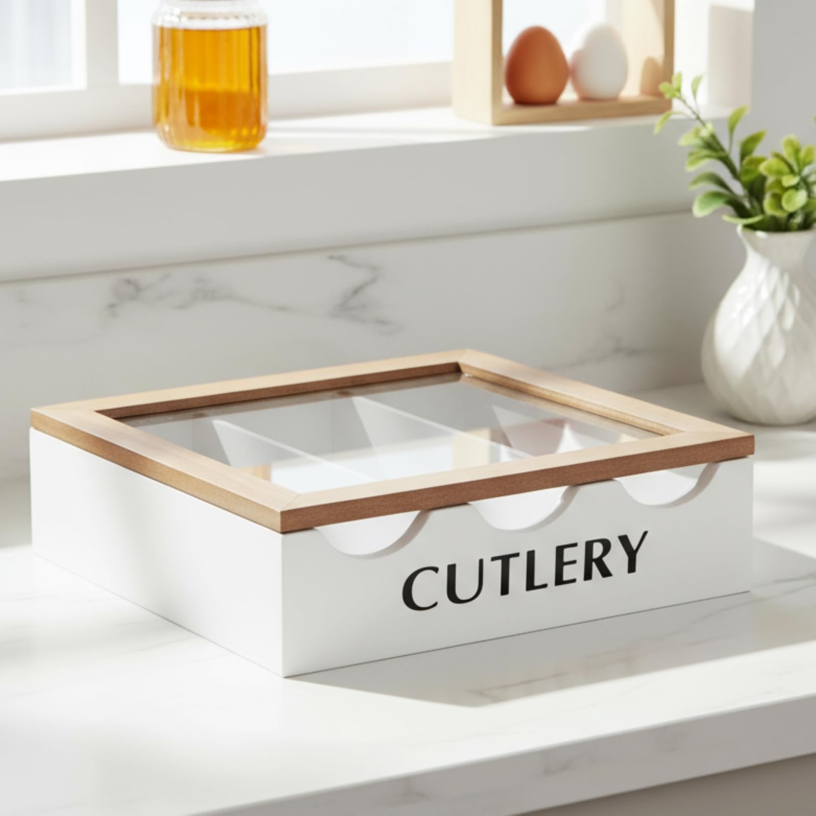 Maison Des Cadeaux White Wooden 3 Compartment Window Lid Cutlery Utensil Organiser Rack Holder