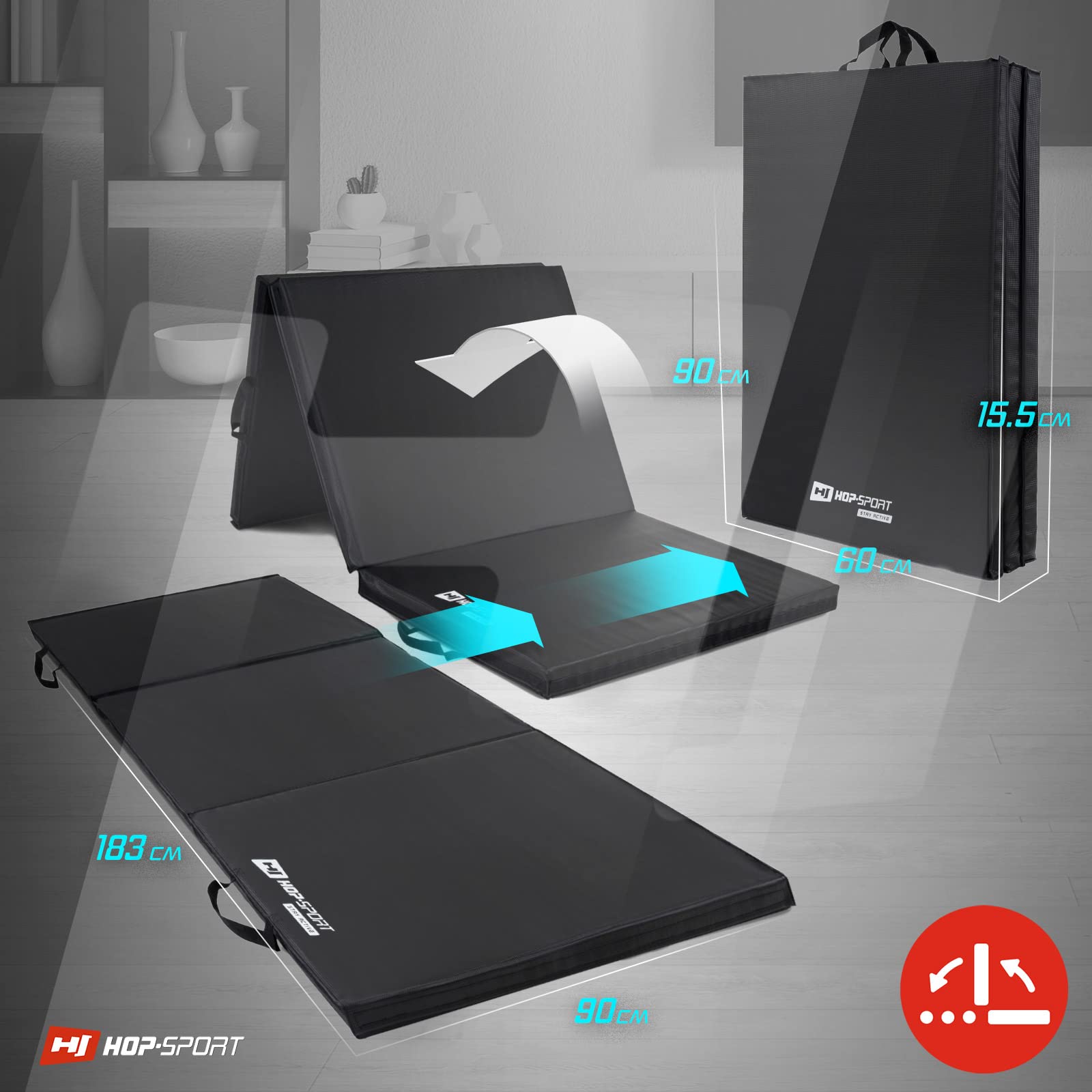 Hop-Sport Turnmatte klappbar - Bodenweichmatte für zuhause 183x90x5cm - Fitnessmatte, Gymnastikmatte mit Tragegriffen und Klettverschluss Dicke 5cm - Schwarz