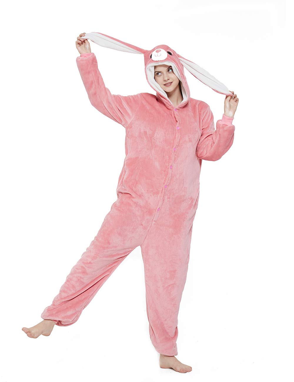 ABENCA Pijama enterizo de unicornio de forro polar para mujer, disfraz de una pieza para adultos, diseño de animales de dibujos animados, Navidad, Halloween, cosplay, Conejito rosado, S