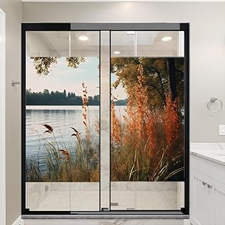 Clean River Window Privacy FilmNatural Autumn Tree Modern Vintage Style Stained Glass Window Coverings No Glue Static Cling Window Film for Home Office Stores 35.4Wx63L-inch x2 Pcs