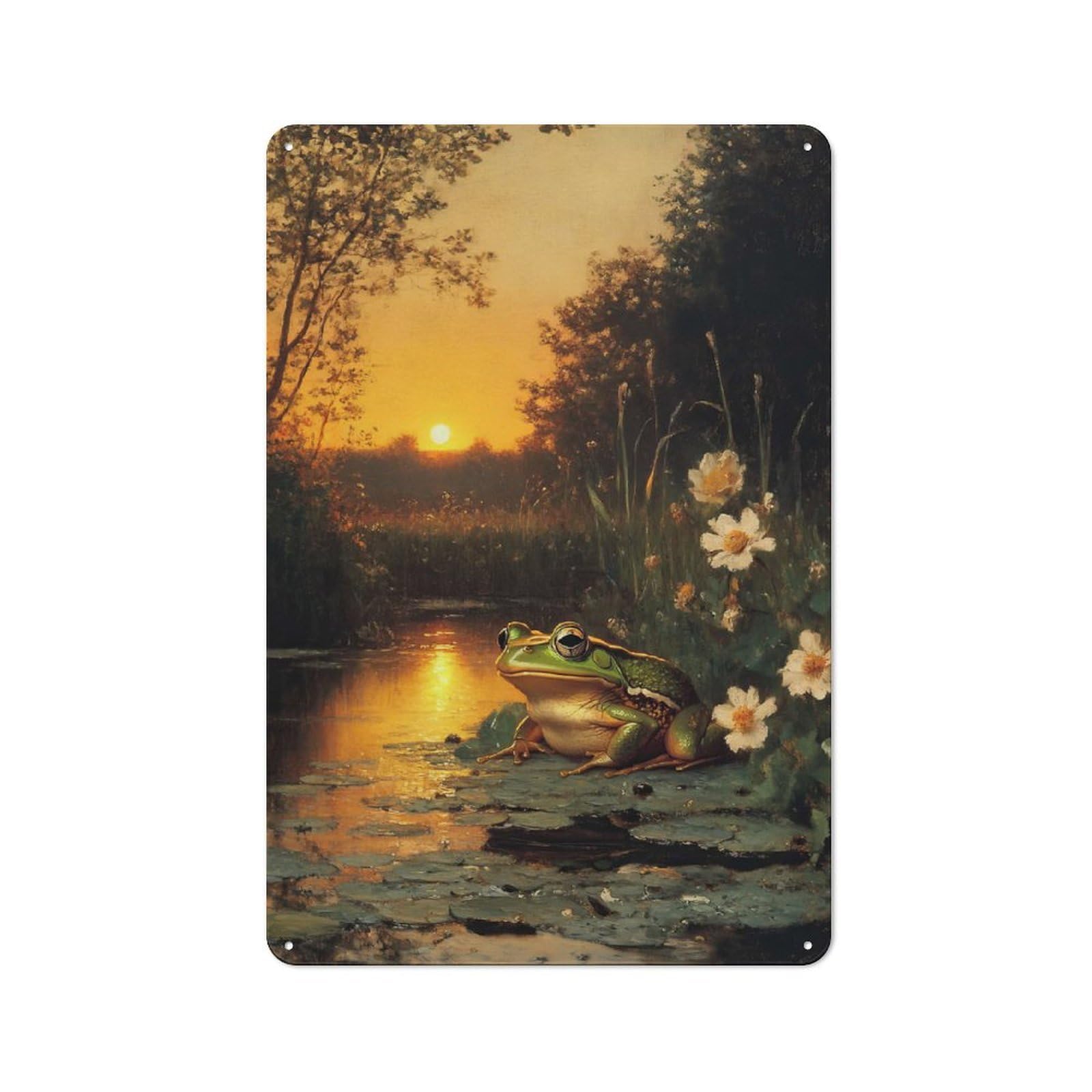 Junmoney Frog At Sunset Metal Wall Sign With Design 30X20cm, Weathered Look Workshop Wall Decor For Garage, Hobby Room, Office Or Man Cave