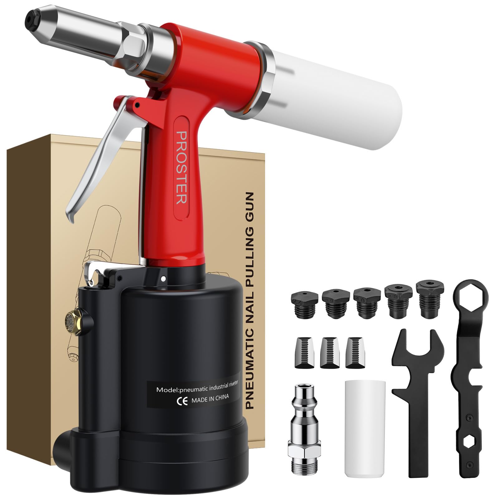 Proster Pneumatic Rivet Gun Air Riveters 3924LBF 5 Nozzles 3/32"-1/4"