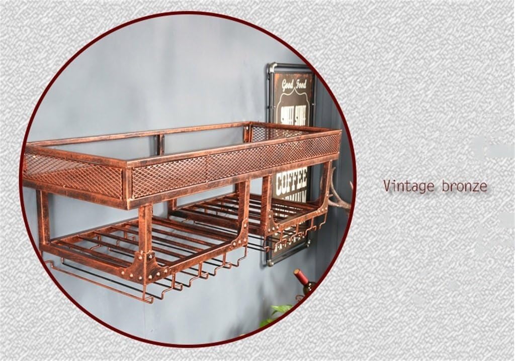 Storage Rack Wine Racks Wall Holder Metal Double Layer | Hanging Wine Glass Tray Holder Large | Vintage Rustic Wine Holder for Kitchen/Bar/Restaurant(Long:100cm) (Color : Bronze) Shelves