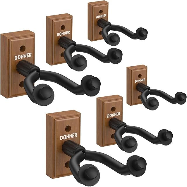 Donner Guitar Wall Mount Hanger 6-Pack, Black Walnut Guitar Wall Holder for Acoustic Electric Guitars, Bass, Folk Ukulele, Violin, Mandolin Banjo and String Instruments