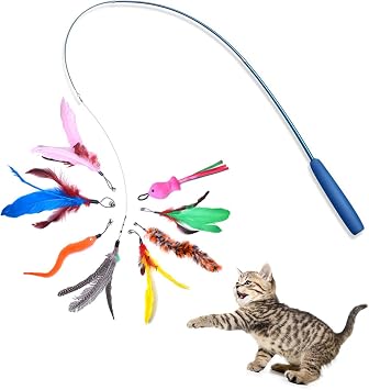 Cat Fishing Rod Toy With Retractable Teaser - Interactive Wand Toys Flirt Pole for Indoor Cats, Adult Kitten Play, Exercise, Activity & Fun - 8 Pcs Replacement Refills