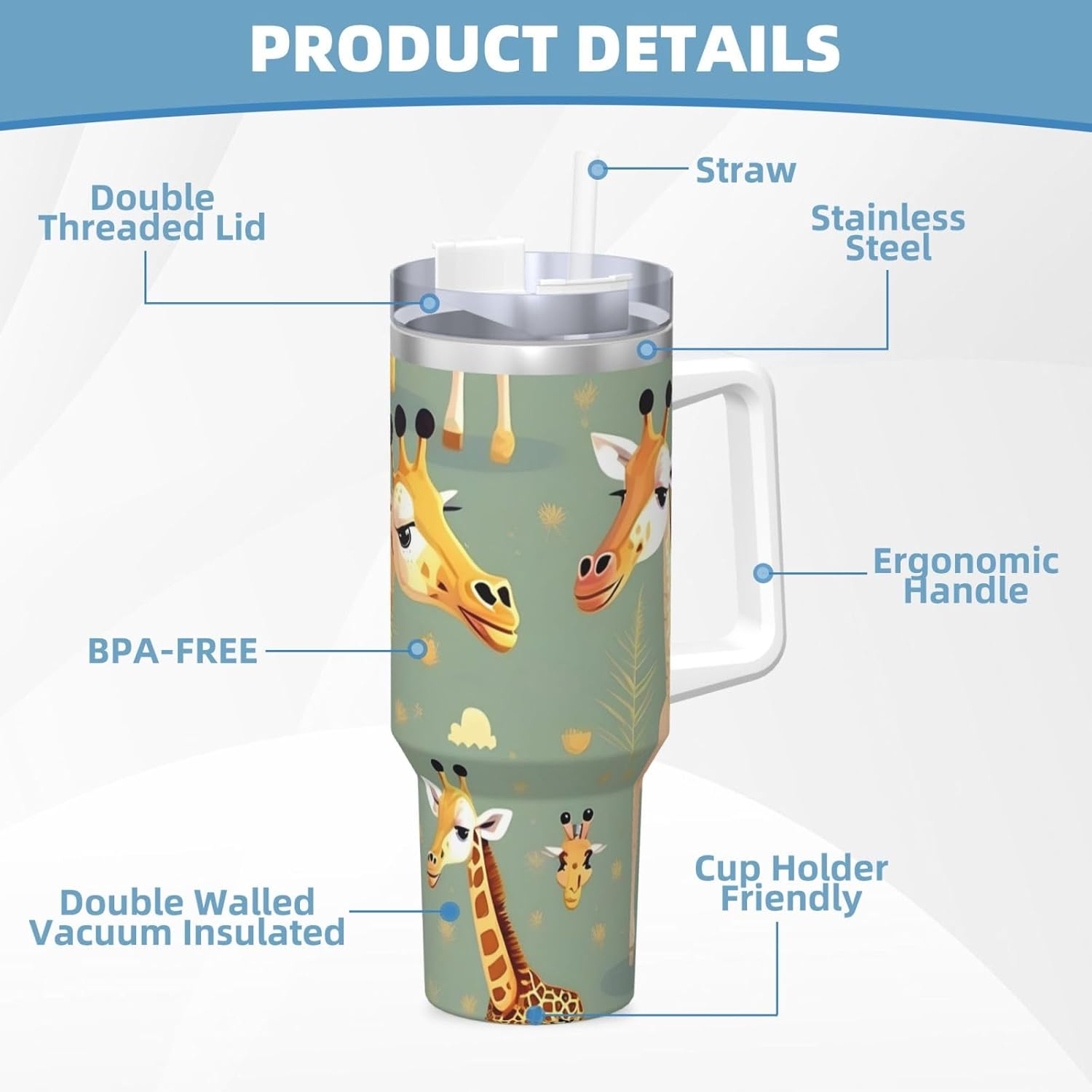 40 OZ Cute Wild Cartoon Giraffes Print Ice Bully Cup with Handle Straw Lid Straw,Stainless Steel Tumbler Coffee Cup