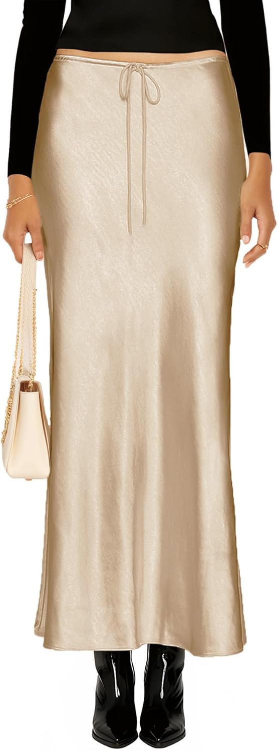 Women's Drawstring Satin Maxi Skirt High Waist Silk A Line Flowy Long Skirts