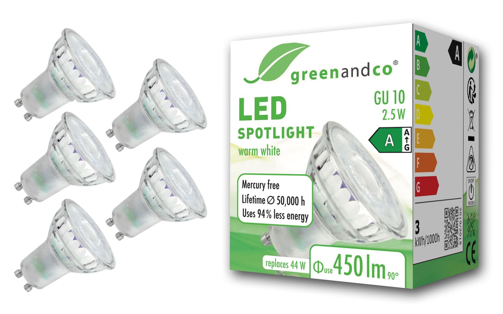 greenandco 5 x LED spotlights, GU10, 2.5 W, 450 lm, 3000 K warm white, 36°, 230 V, flicker-free, energy efficiency class A, not dimmable