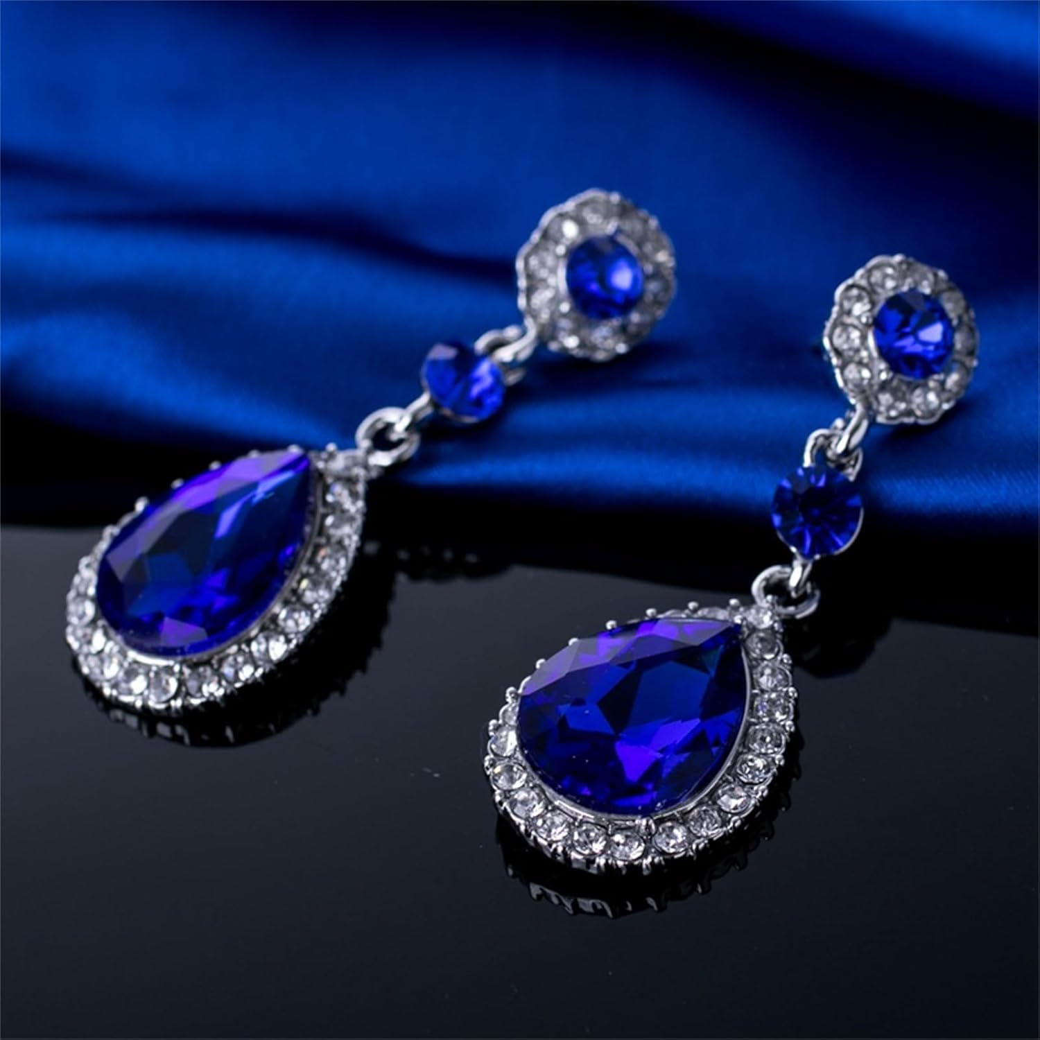Rhinestone Teardrop Earrings Vintage Elegant Layered Waterdrop Sparkly Sapphire Crystal Cubic Zirconia Silver Plated Dangle Drop Earring for Women Wedding Bridal Prom Party Fashion Jewelry Gifts - Image 2