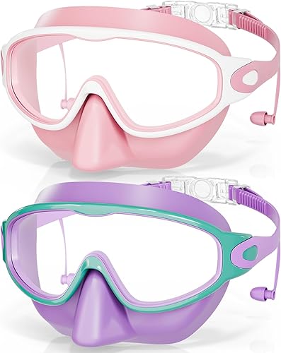 Vista 10 de Aegend Gafas de natación con cubierta para la nariz, paquete de 2 máscaras de natación de visión amplia, antivaho/UV 04-negro y azul claro,01-negro