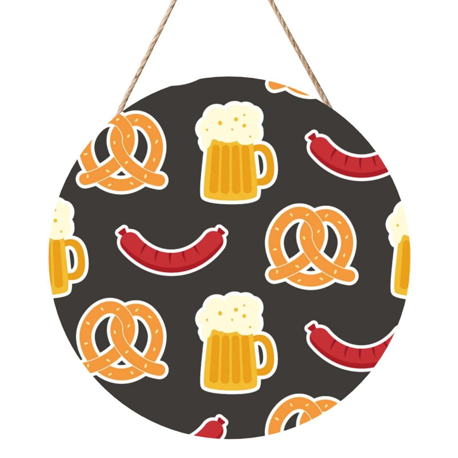 InOmak Pretzel And Beer, Round Wood Panel Painting 12 in, Wall Hanging Painting For Home