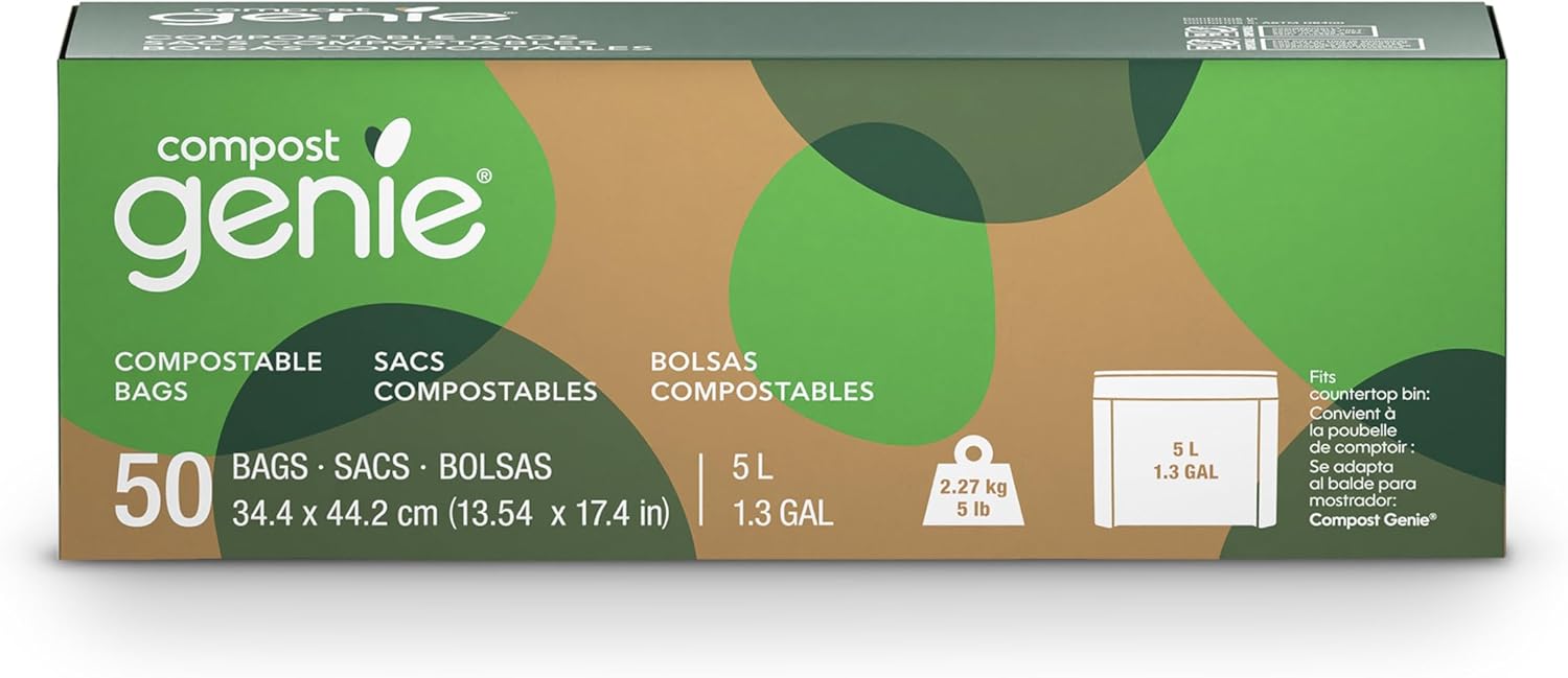 Compost Genie Countertop Bin Refill, Compostable Bags – 50 Count | Plant-Based Materials, Easy Tear-Off Bags | Compatible with Compost Genie Countertop Bin (1.3 gal / 5 L)