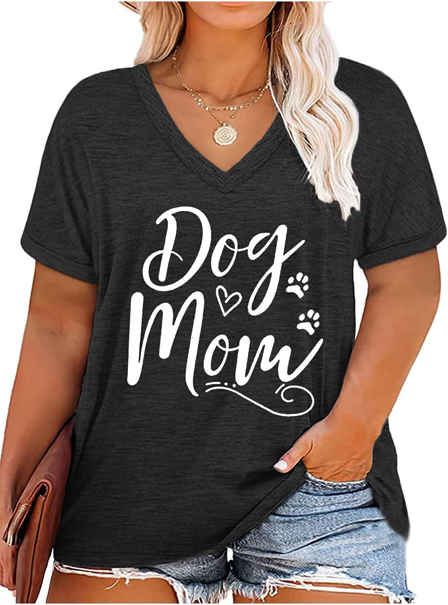 Plus Size Dog Mom Shirts Women Funny Cute Dog Paw Graphic Tees Short Sleeve V-Neck T-Shirt Dog Lovers Gift Tops