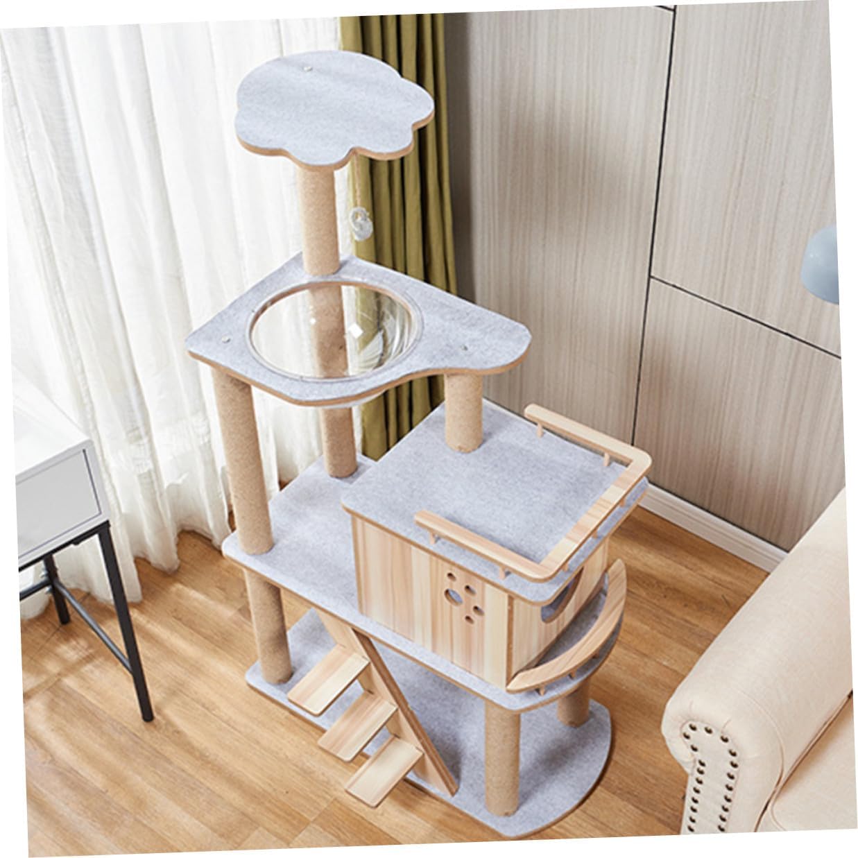 POPETPOP Large Wooden Cat Tree with Felt Cover Multipurpose Cat Climber and Scratching Post and Adult Felines