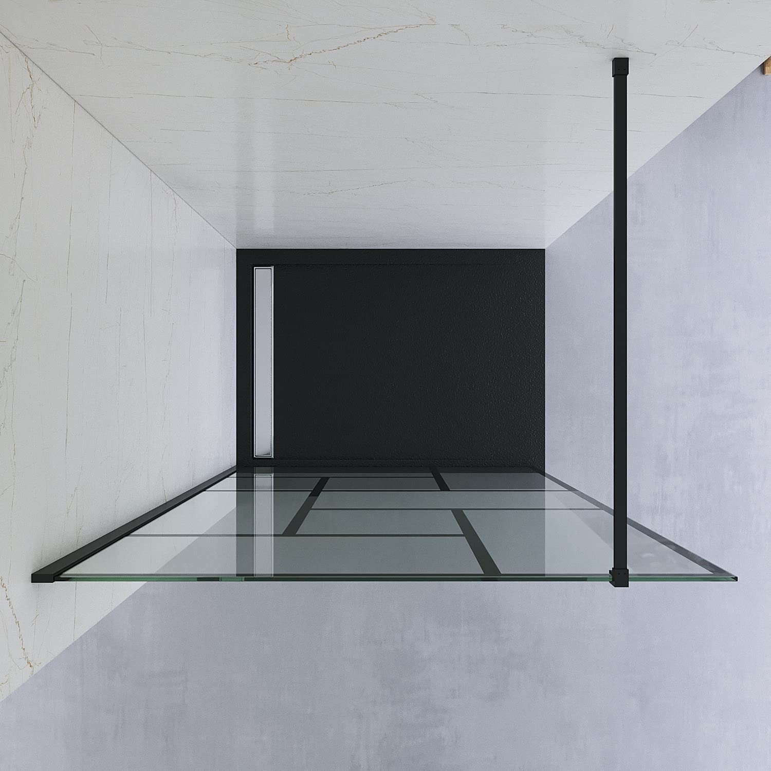 Duschwand Glas Duschabtrennung 120 x 200 cm Echtglas 8 mm Dekor Kariert Duschtrennwand Duschglaswand Glaswand Walk in Dusche Glastrennwand Nano Beschichtung Wandprofil schwarz matt 90° Stabilisator
